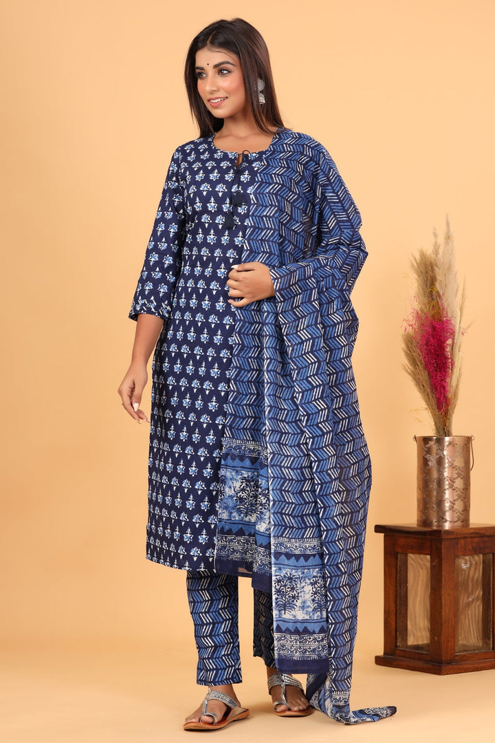 Blue Indigo Floral Printed Cotton Suit Set