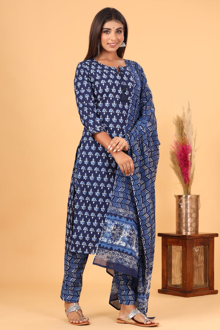 Blue Indigo Floral Printed Cotton Suit Set