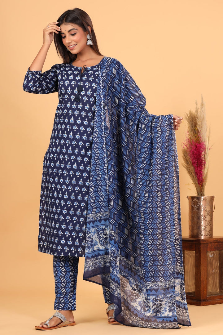 Blue Indigo Floral Printed Cotton Suit Set