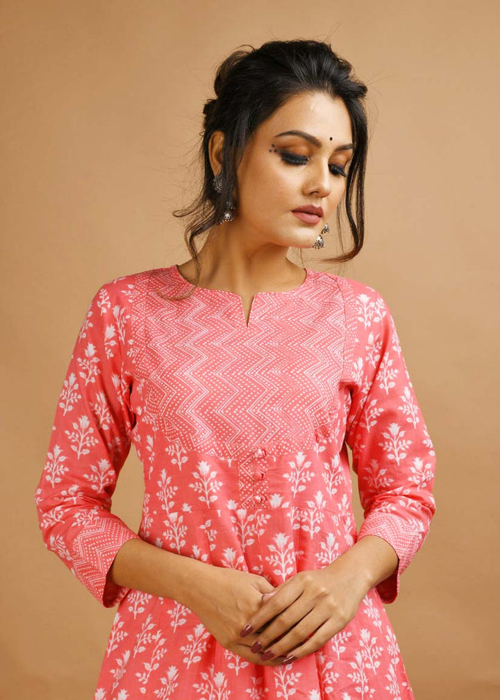 Pink Printed Cotton Kurta Pant With Dupatta