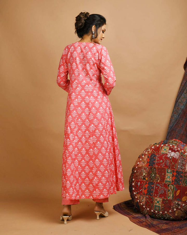 Pink Printed Cotton Kurta Pant With Dupatta