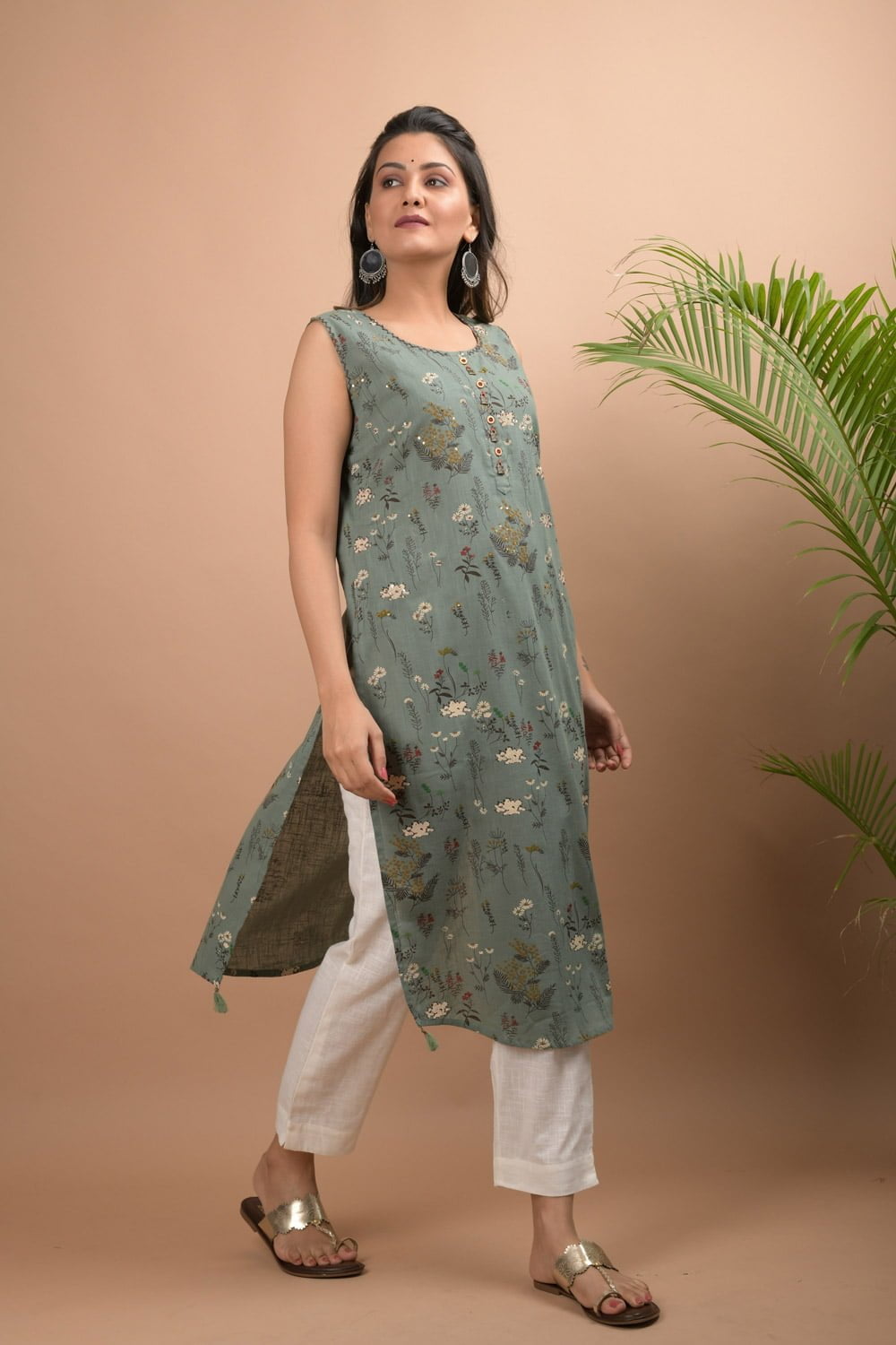 Green Sleeveless Kurta Pant Set