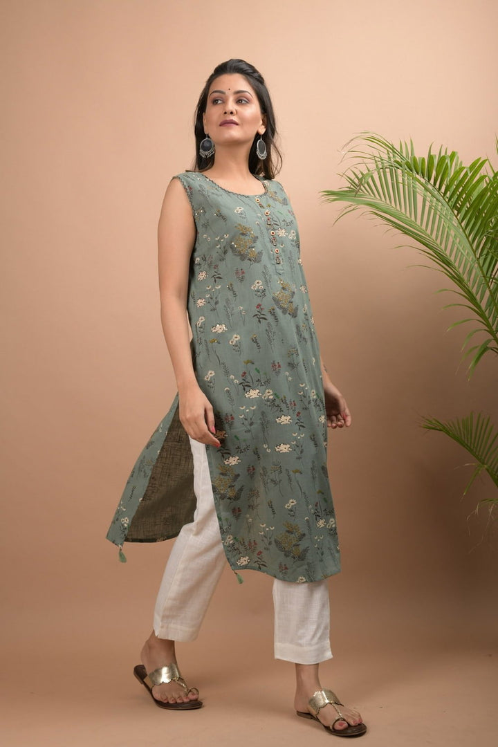 Green Sleeveless Kurta Pant Set