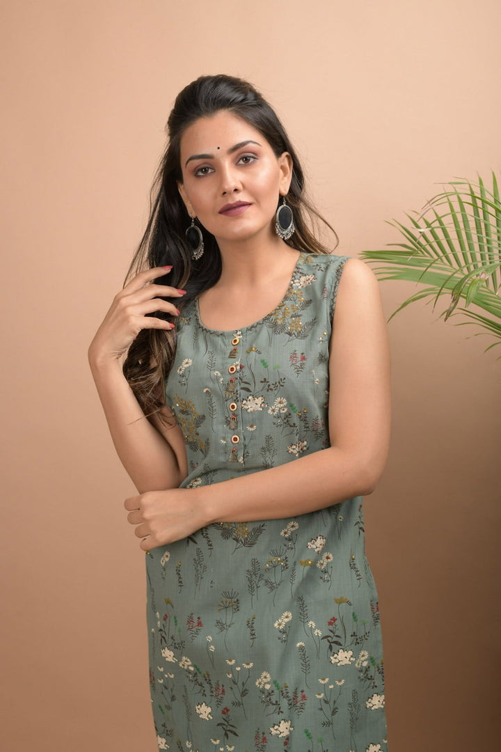 Green Sleeveless Kurta Pant Set