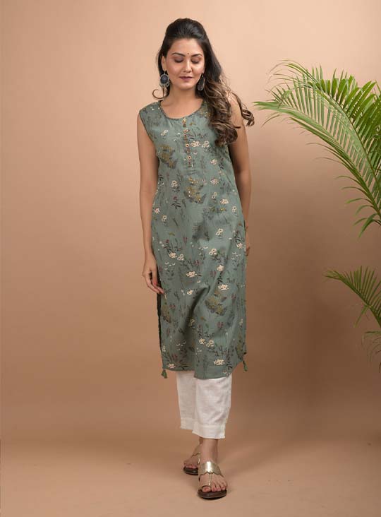 Green Sleeveless Kurta Pant Set