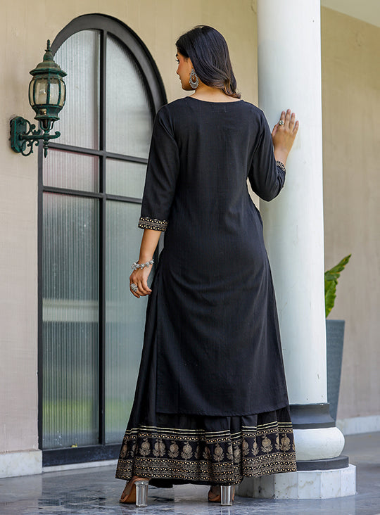 Black Gold Embellished Cotton Kurta Sharara With Dupatta