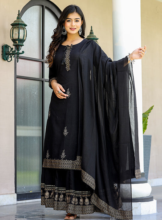 Black Gold Embellished Cotton Kurta Sharara With Dupatta