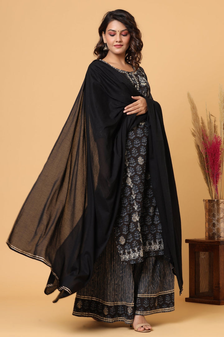 Black Embroidered Cotton Kurta Sharara Set