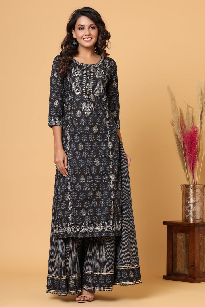 Black Embroidered Cotton Kurta Sharara Set