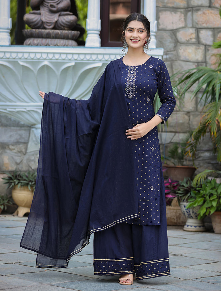 Blue Gold Printed Cotton Kurta Sharara Set