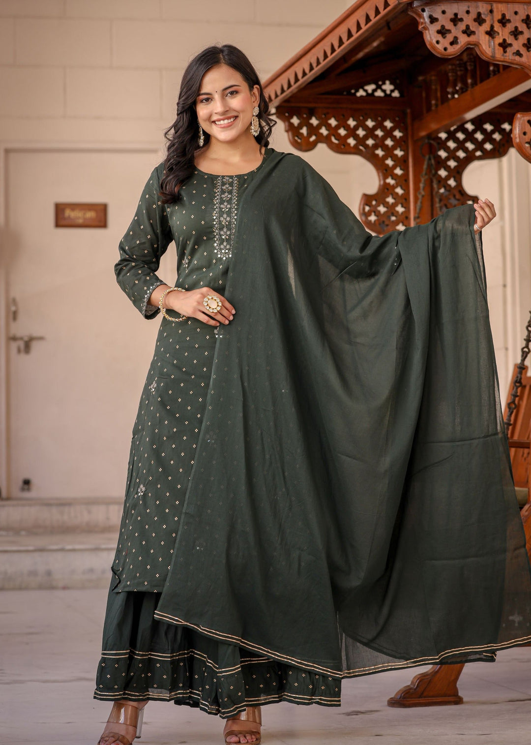 Green Gold Printed Cotton Kurta Sharara Set