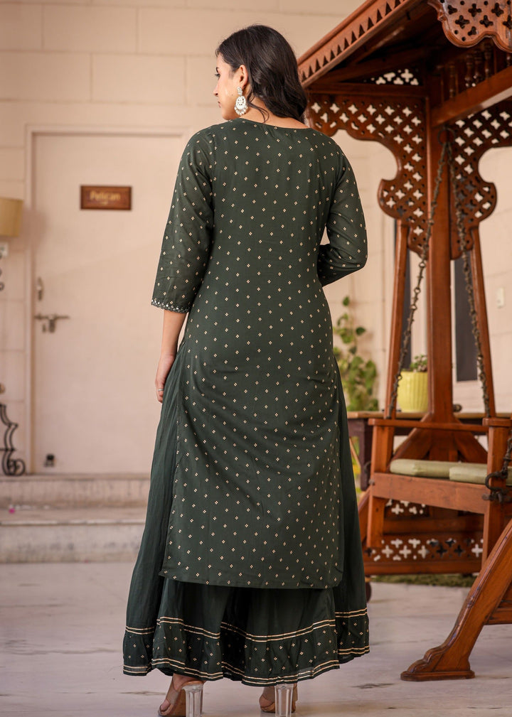 Green Gold Printed Cotton Kurta Sharara Set