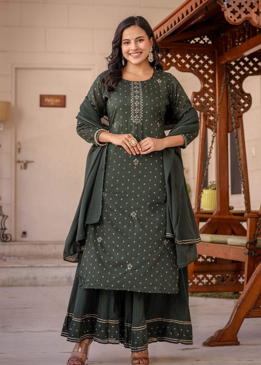 Green Gold Printed Cotton Kurta Sharara Set
