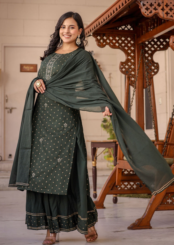 Green Gold Printed Cotton Kurta Sharara Set