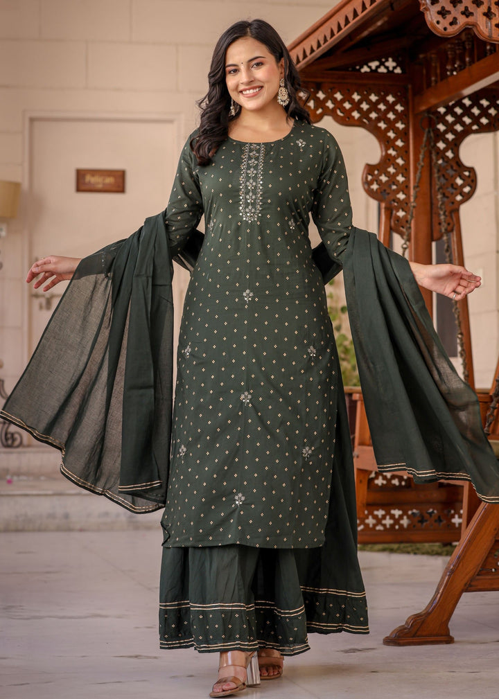 Green Gold Printed Cotton Kurta Sharara Set
