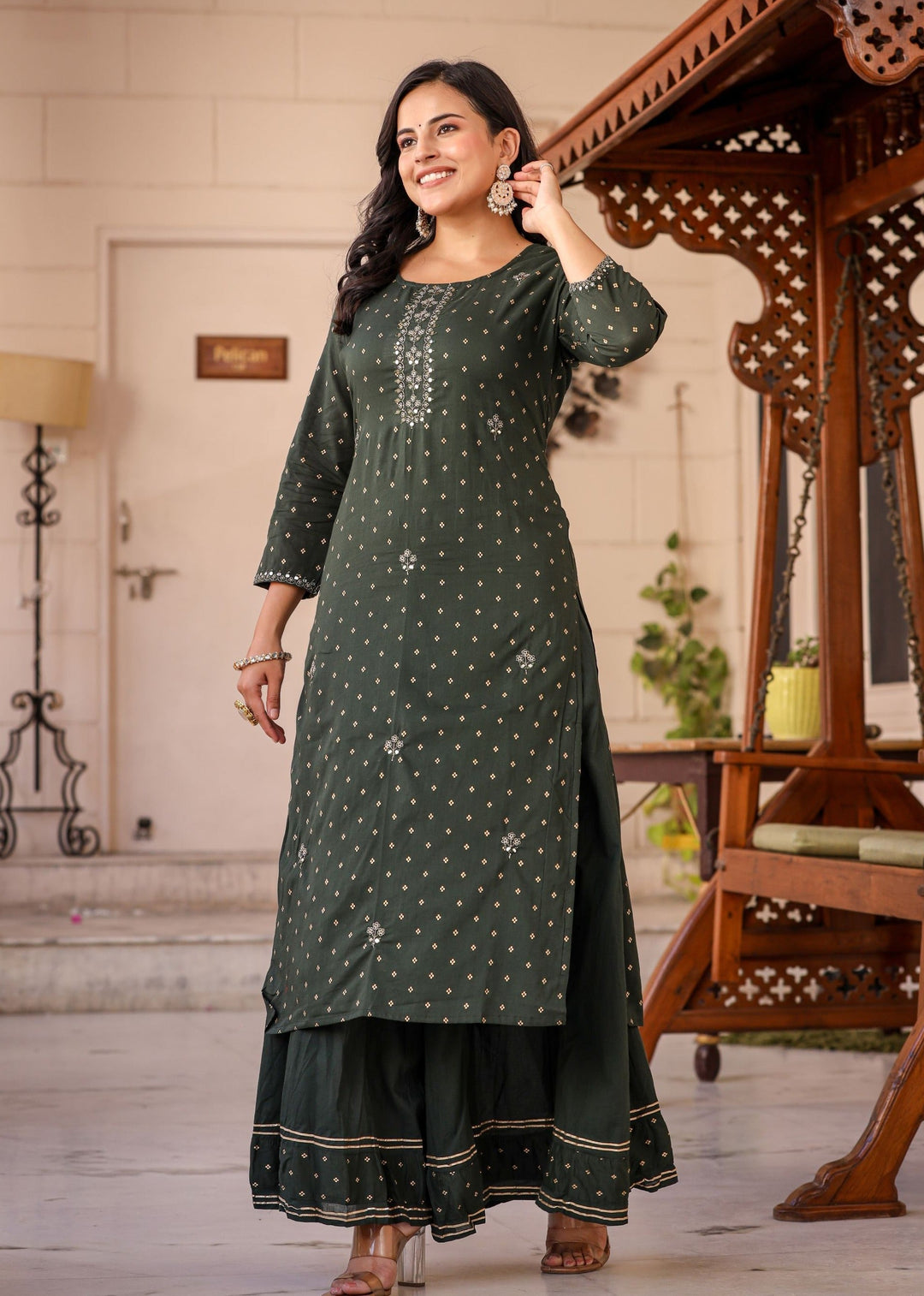 Green Gold Printed Cotton Kurta Sharara Set