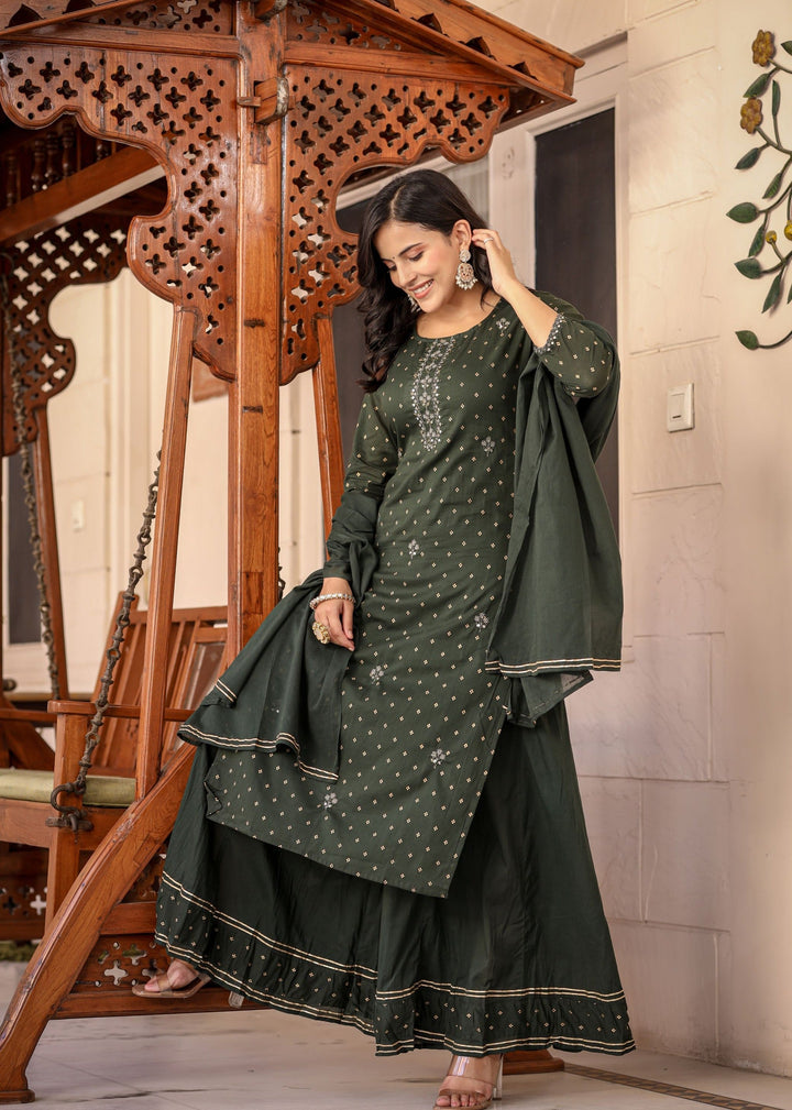 Green Gold Printed Cotton Kurta Sharara Set