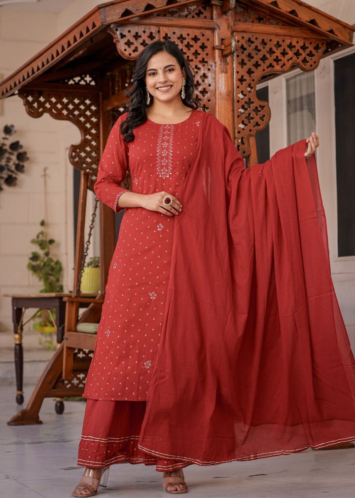 Red Gold Printed Cotton Kurta Sharara Set