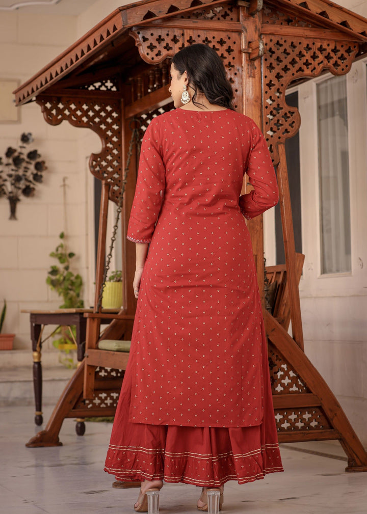 Red Gold Printed Cotton Kurta Sharara Set