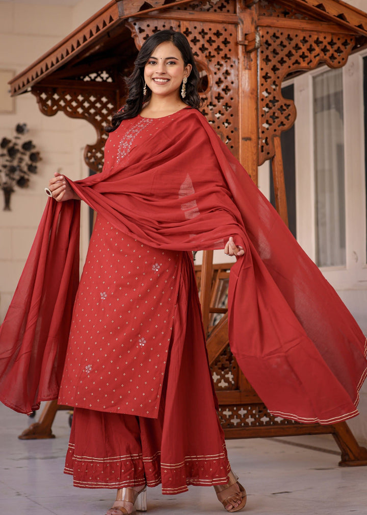 Red Gold Printed Cotton Kurta Sharara Set