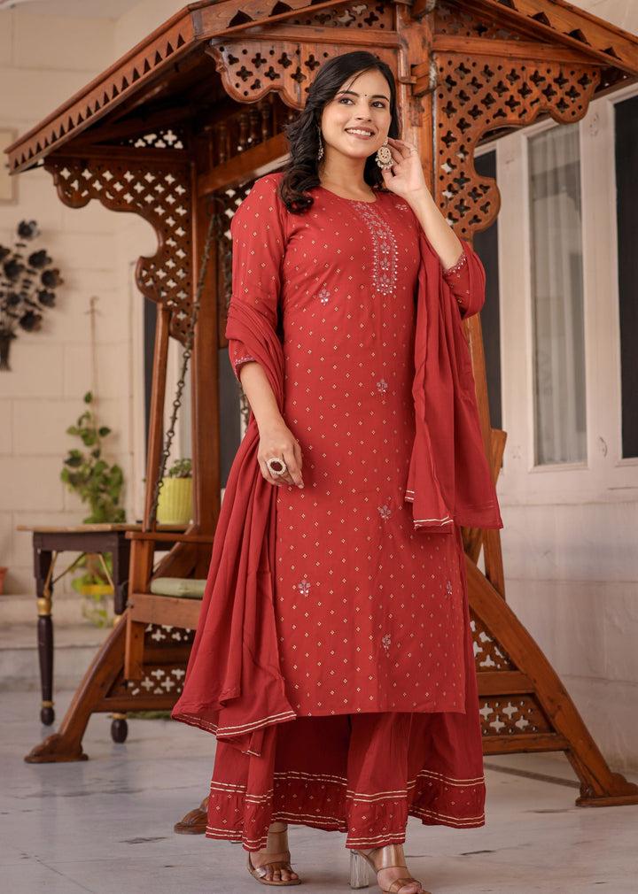 Red Gold Printed Cotton Kurta Sharara Set