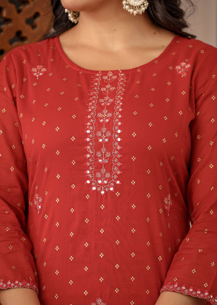 Red Gold Printed Cotton Kurta Sharara Set