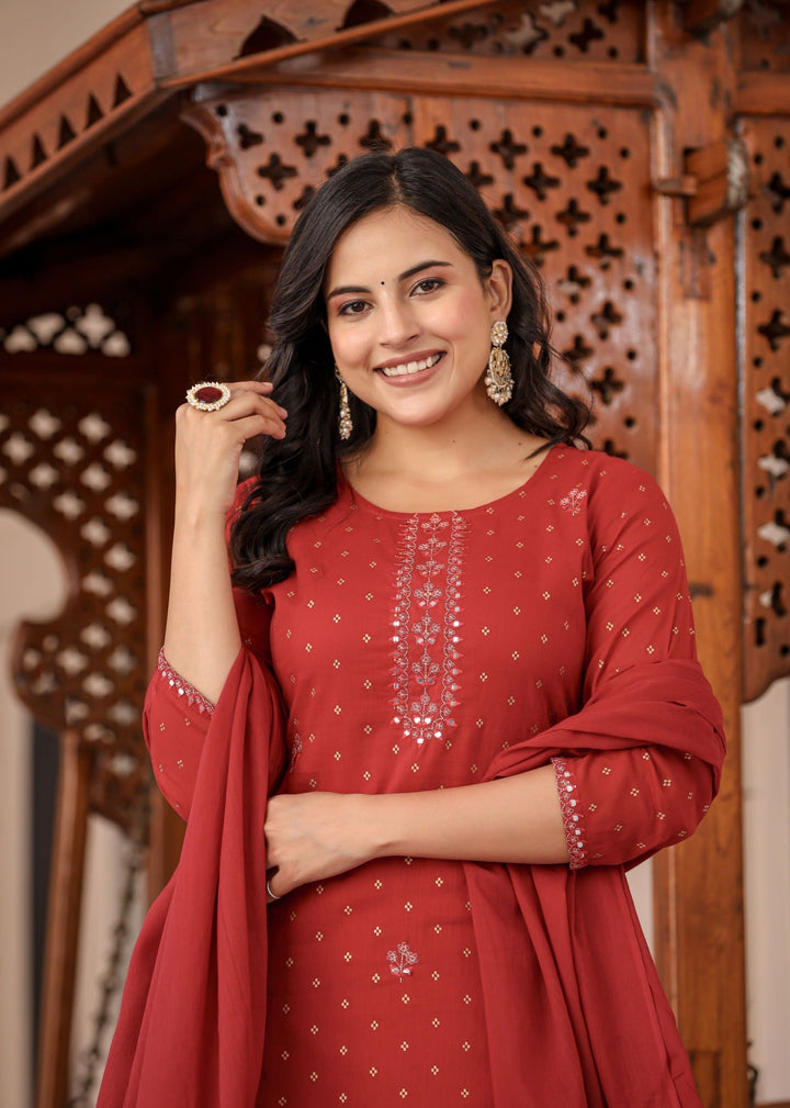 Red Gold Printed Cotton Kurta Sharara Set
