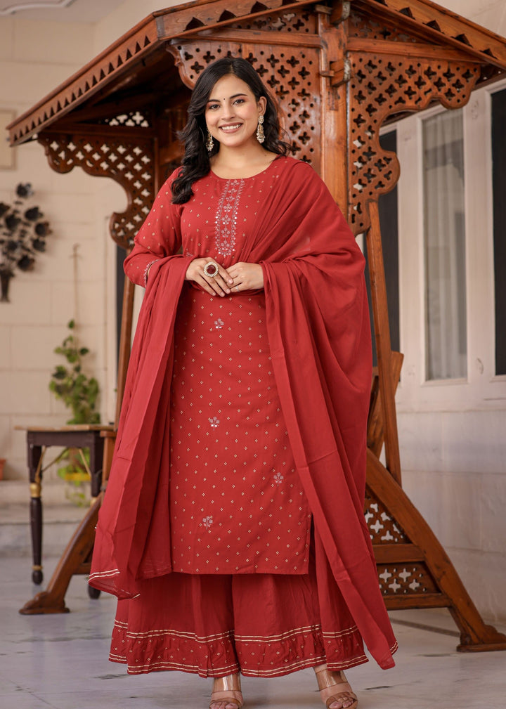 Red Gold Printed Cotton Kurta Sharara Set