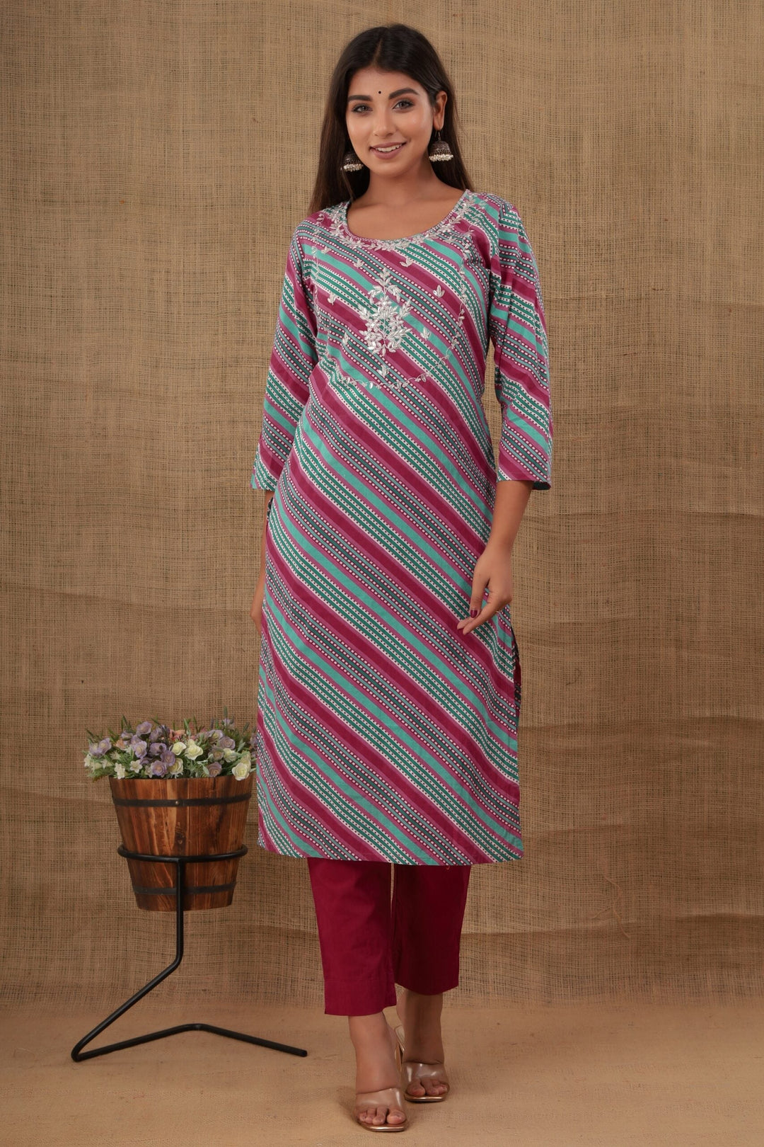 Multicolor Embroidered Cotton Kurta Pant Set