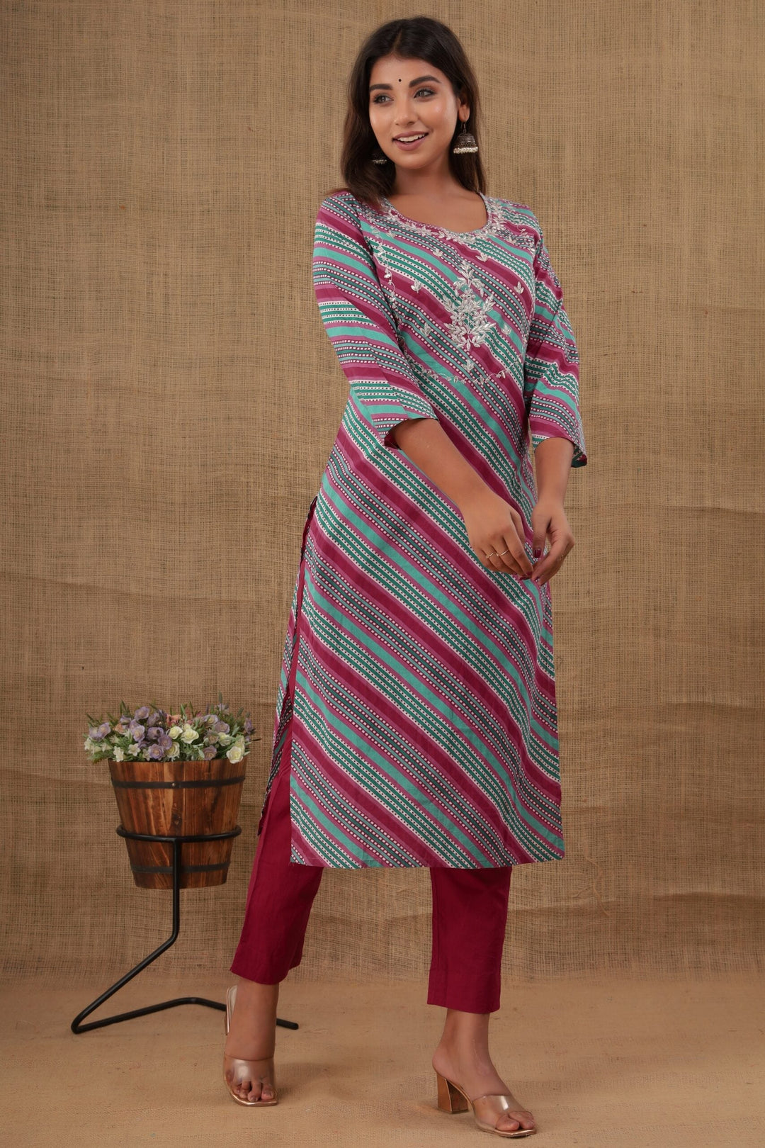 Multicolor Embroidered Cotton Kurta Pant Set