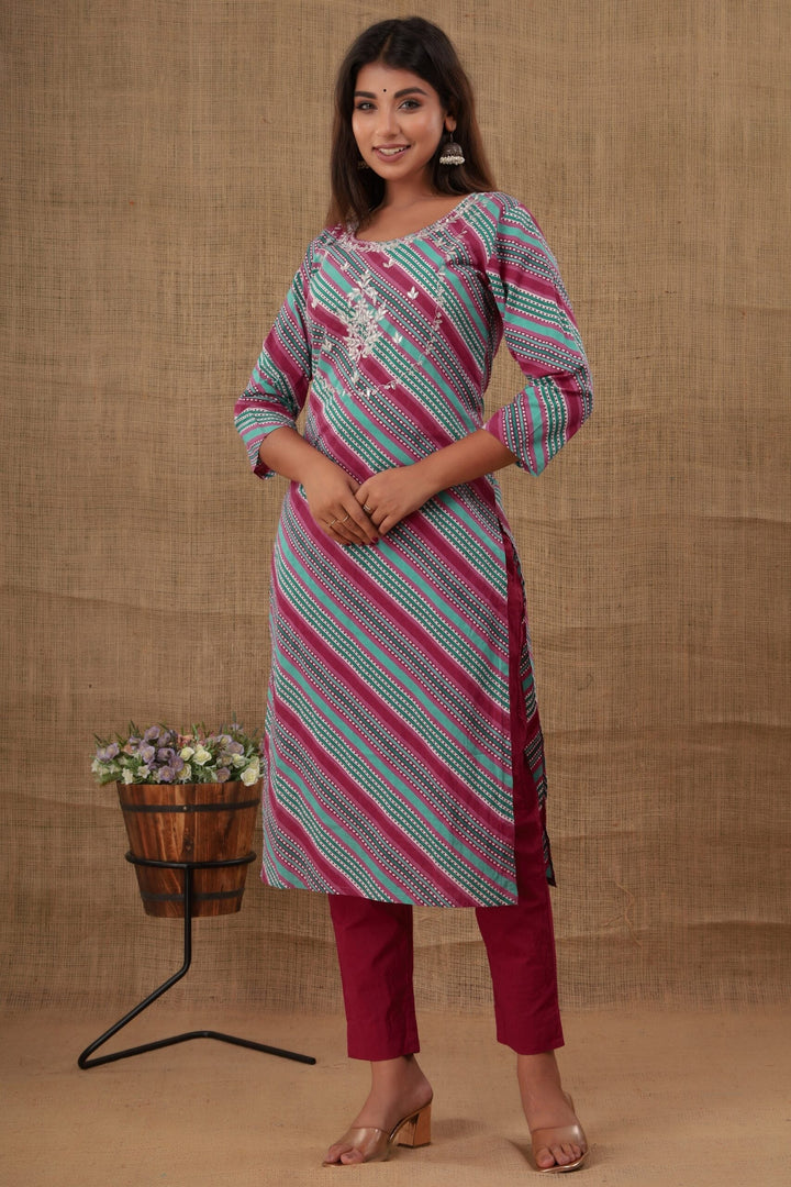Multicolor Embroidered Cotton Kurta Pant Set