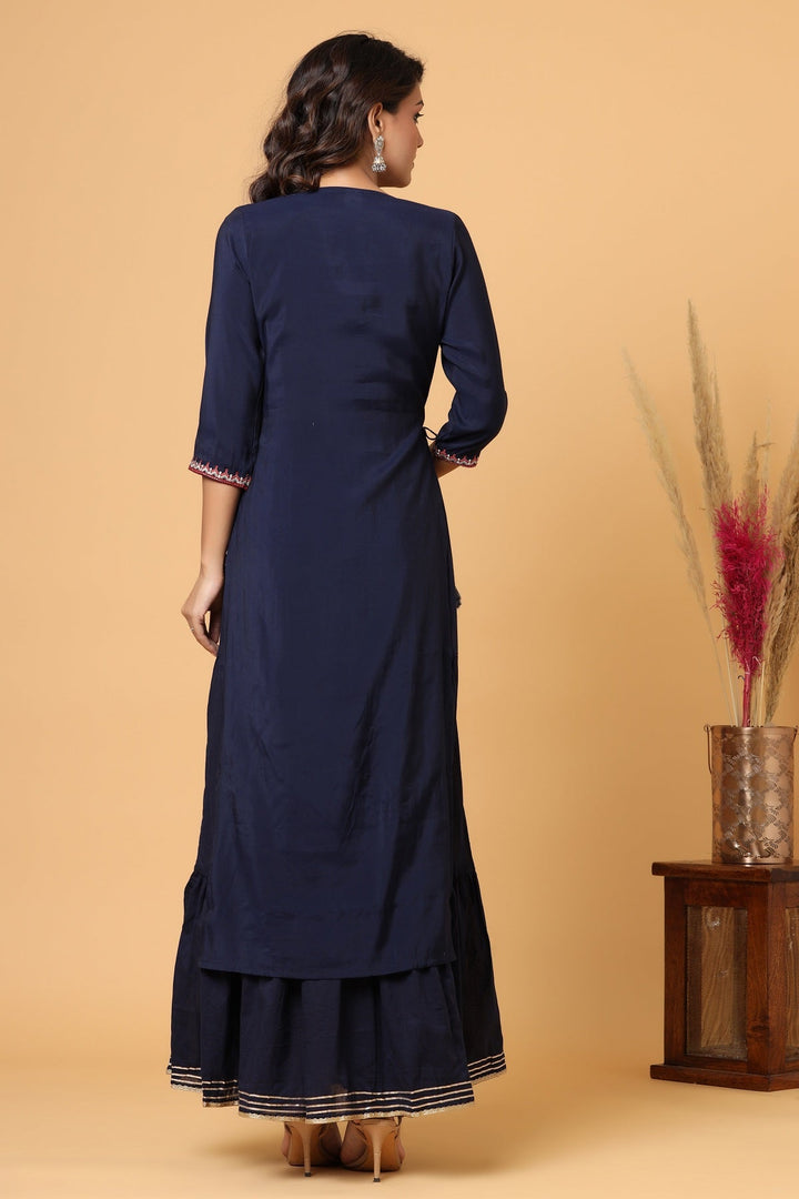 Navy Blue Embroidered Chanderi Ethnic Kurta