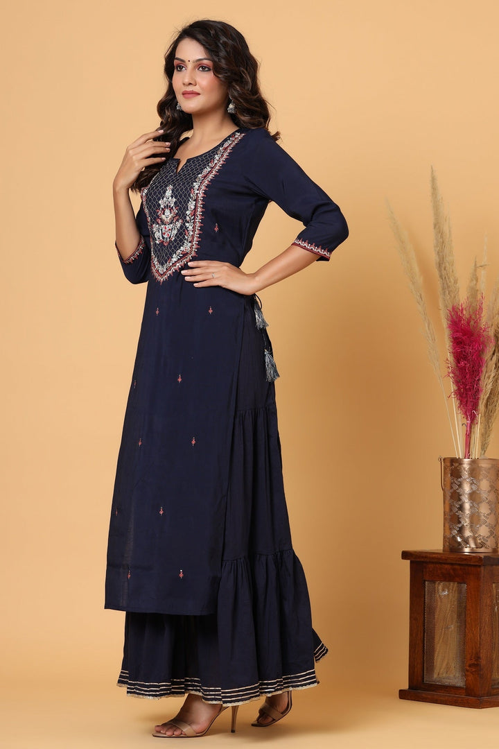 Navy Blue Embroidered Chanderi Ethnic Kurta