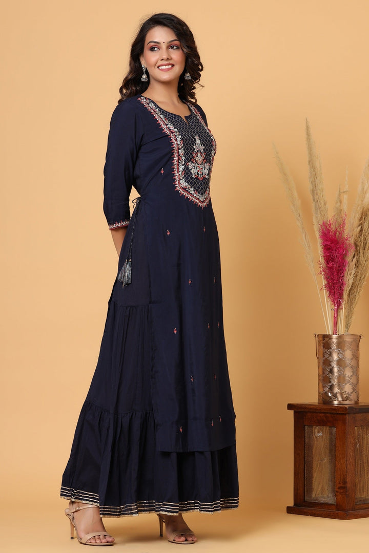 Navy Blue Embroidered Chanderi Ethnic Kurta