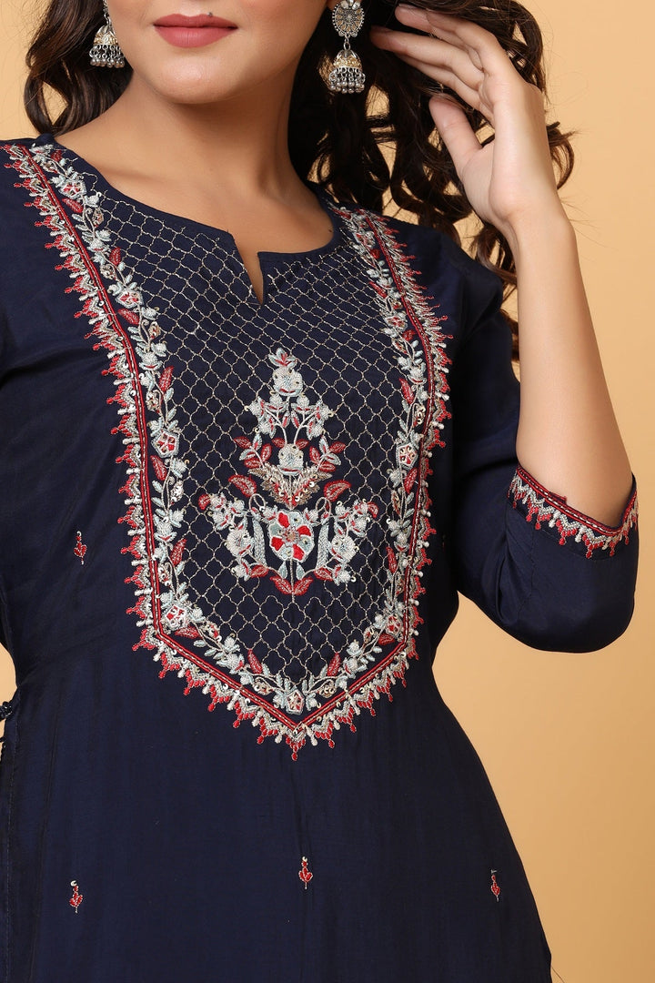 Navy Blue Embroidered Chanderi Ethnic Kurta