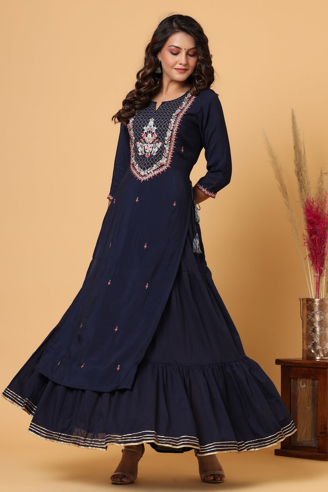 Navy Blue Embroidered Chanderi Ethnic Kurta