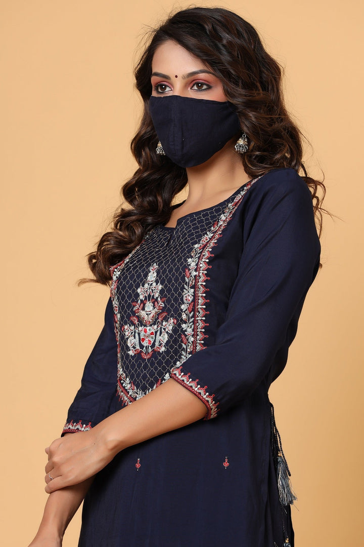 Navy Blue Embroidered Chanderi Ethnic Kurta
