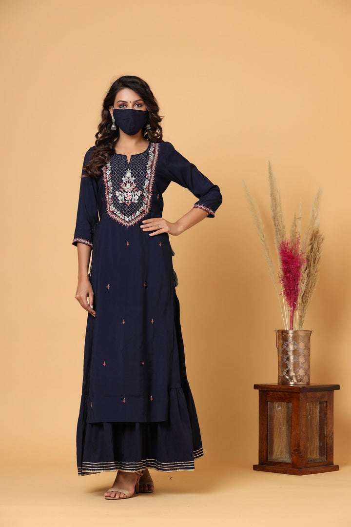 Navy Blue Embroidered Chanderi Ethnic Kurta