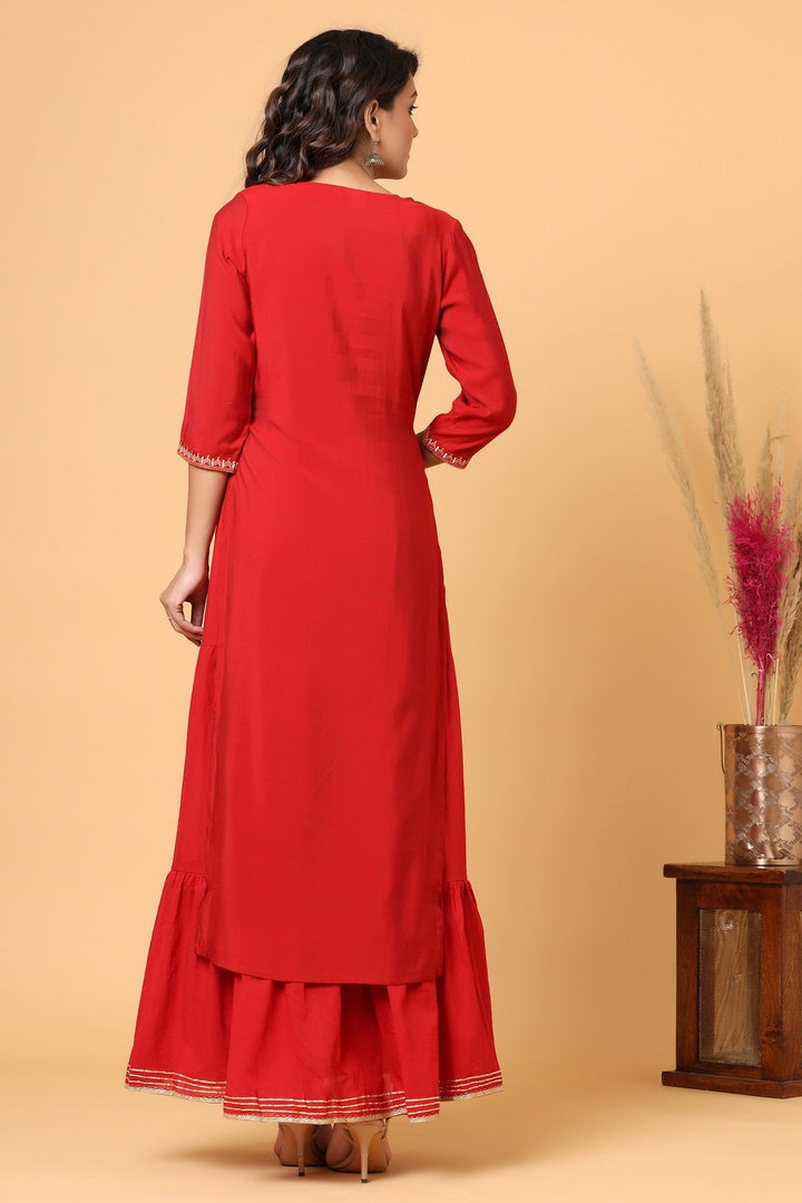 Red Embroidered Chanderi Ethnic Kurta