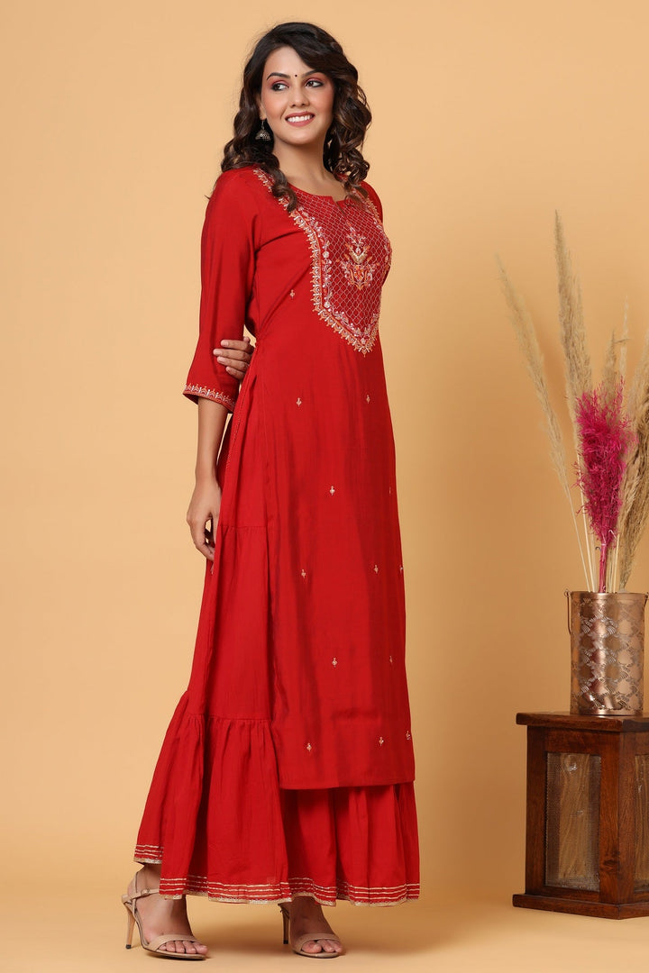 Red Embroidered Chanderi Ethnic Kurta