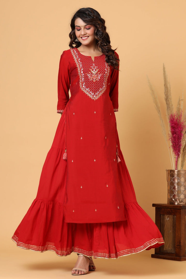 Red Embroidered Chanderi Ethnic Kurta