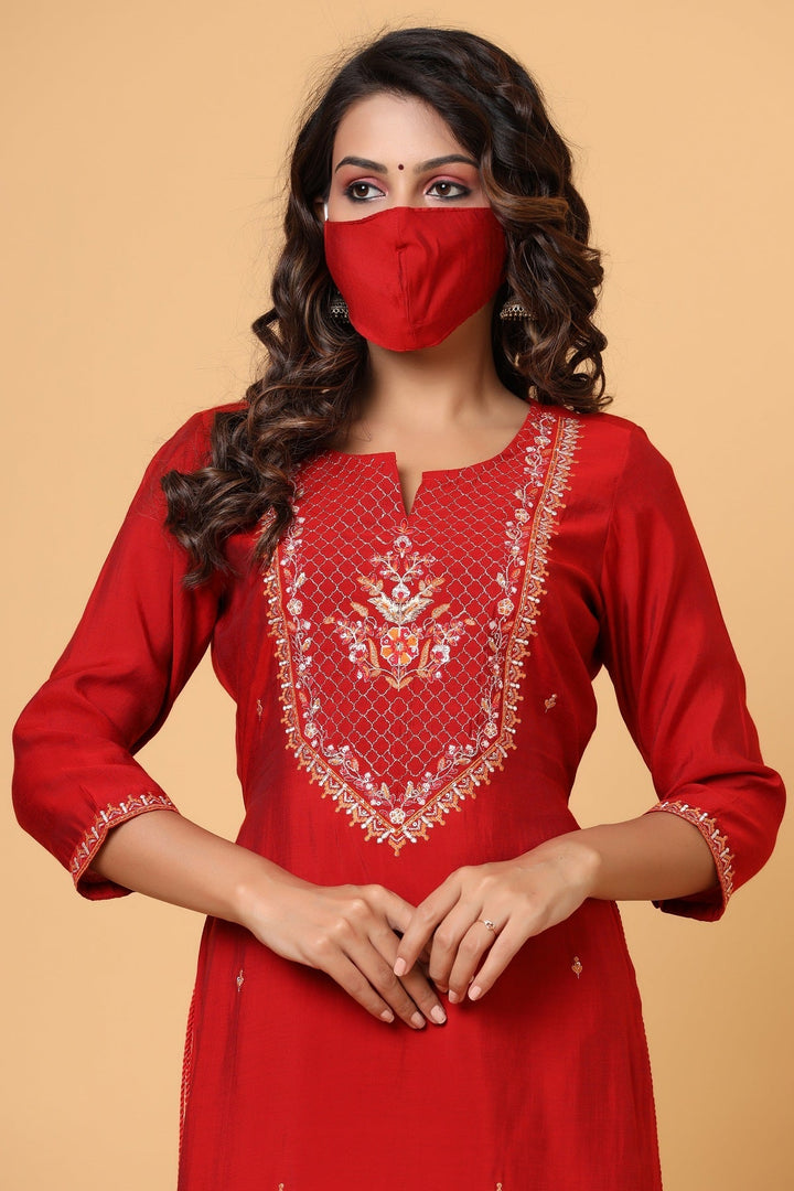 Red Embroidered Chanderi Ethnic Kurta