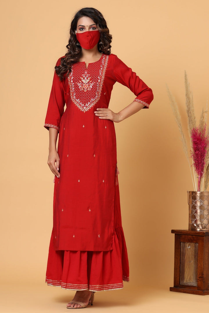Red Embroidered Chanderi Ethnic Kurta