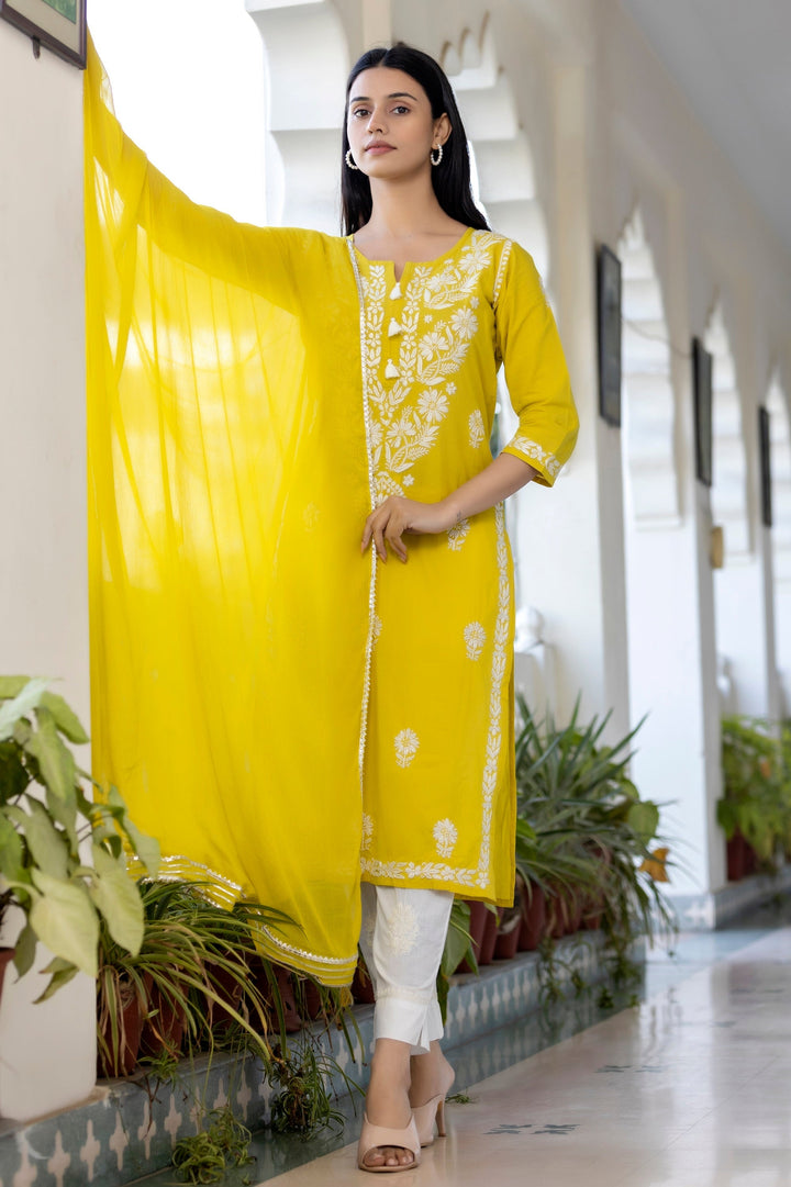 Yellow Hand Embroidered Chikankari Anarkali Kurta Pant With Dupatta Set