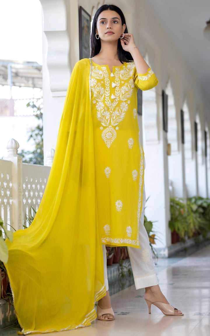 Yellow Hand Embroidered Chikankari Anarkali Kurta Pant With Dupatta Set