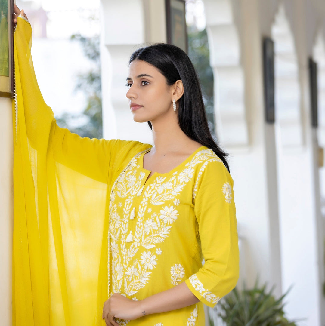 Yellow Hand Embroidered Chikankari Anarkali Kurta Pant With Dupatta Set