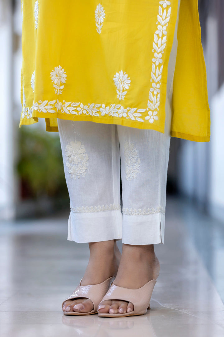 Yellow Hand Embroidered Chikankari Anarkali Kurta Pant With Dupatta Set