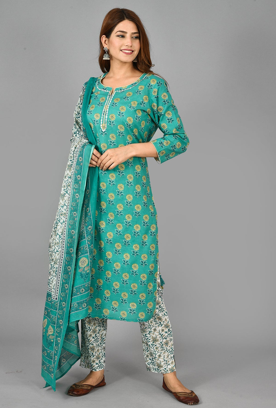 Green Floral Printed Mirror Embroidery Suit Set