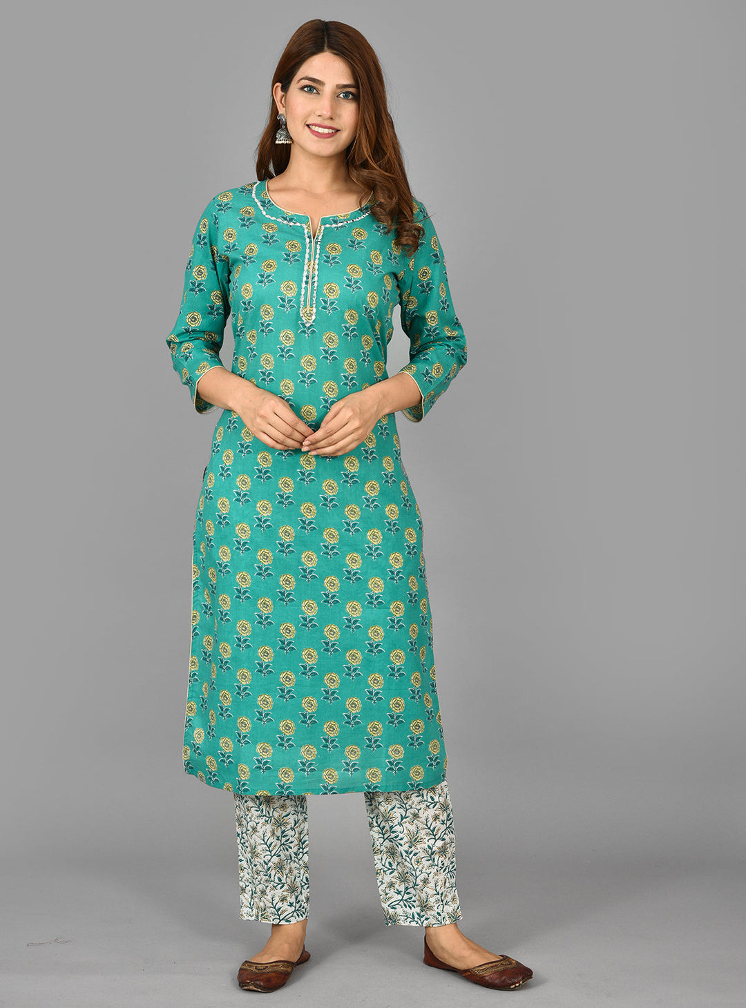 Green Floral Printed Mirror Embroidery Suit Set