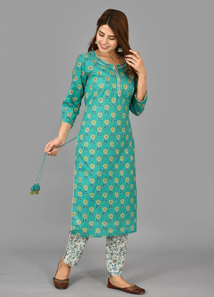 Green Floral Printed Mirror Embroidery Suit Set